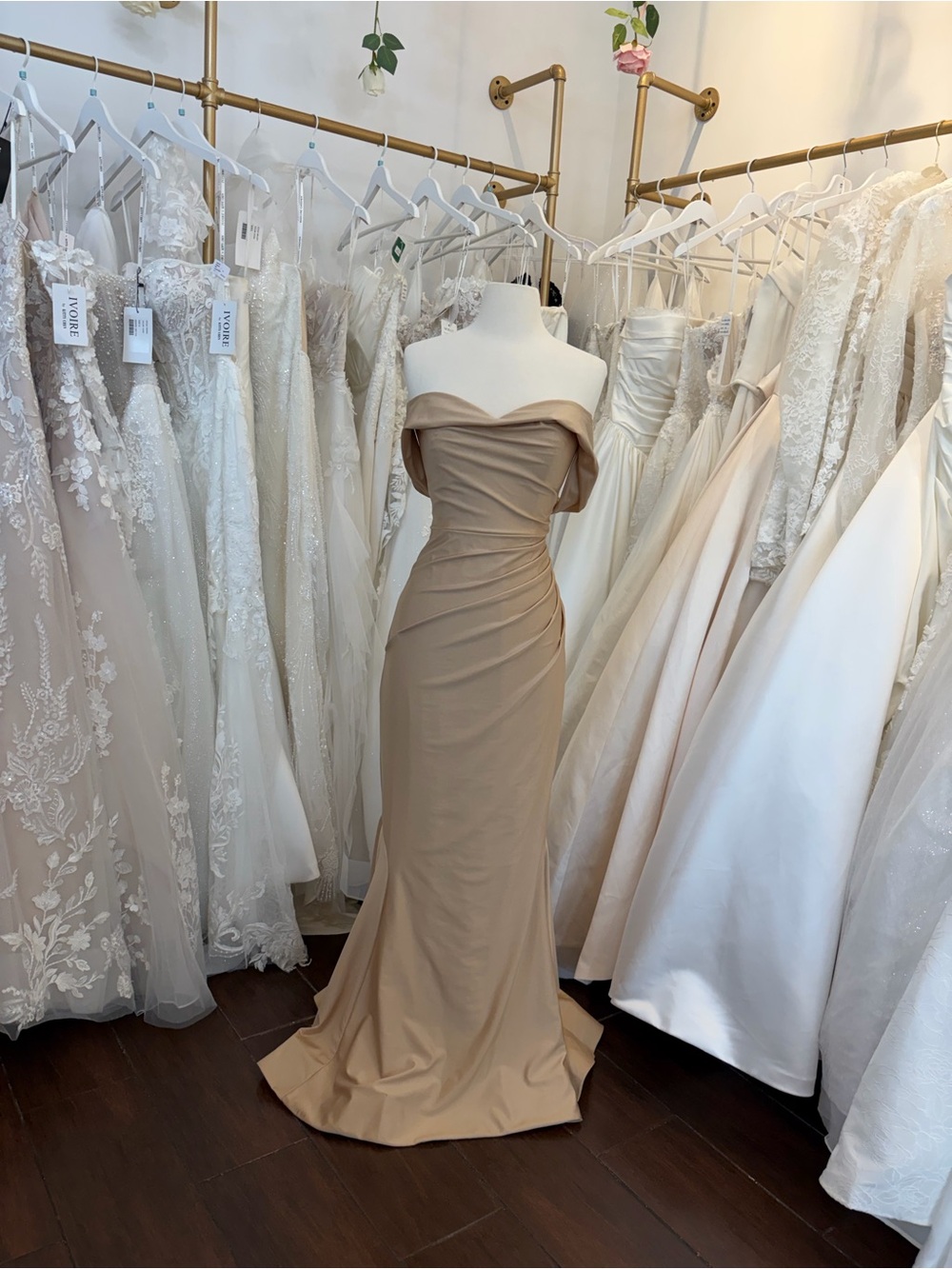 Bari Jay Off-Shoulder Taupe Bridal Evening Gown